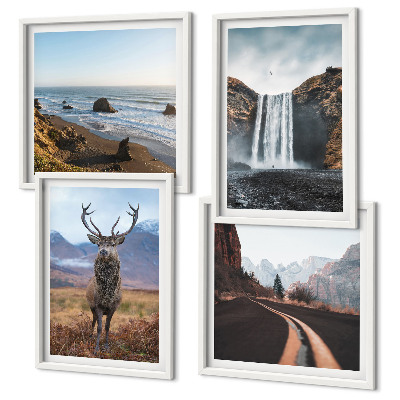 Set de cuadros modernos para salón Paisajes de montaña, cascadas, ciervos, playas
