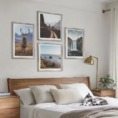 Set de cuadros modernos para salón con diseño de paisajes de montaña, cascadas, ciervos y playas