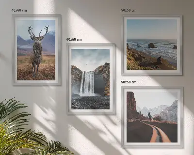 Set de cuadros modernos para salón con diseño de paisajes de montaña, cascadas, ciervos y playas