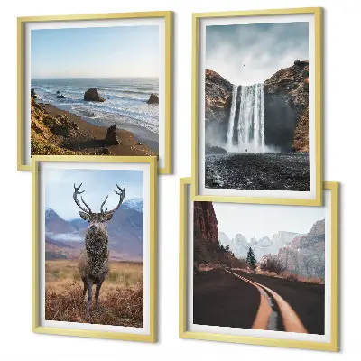 Set de cuadros modernos para salón con diseño de paisajes de montaña, cascadas, ciervos y playas