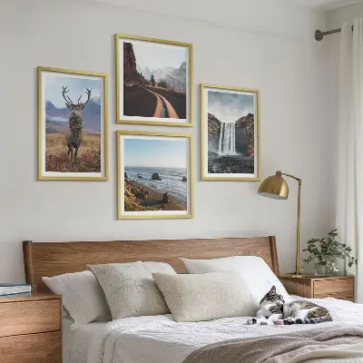 Set de cuadros modernos para salón con diseño de paisajes de montaña, cascadas, ciervos y playas