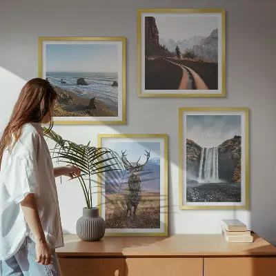 Set de cuadros modernos para salón con diseño de paisajes de montaña, cascadas, ciervos y playas