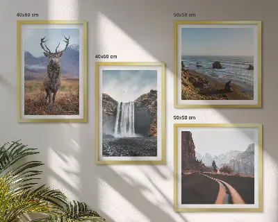 Set de cuadros modernos para salón con diseño de paisajes de montaña, cascadas, ciervos y playas