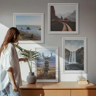 Set de cuadros modernos para salón con diseño de paisajes de montaña, cascadas, ciervos y playas
