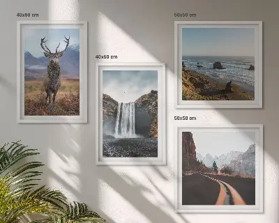 Set de cuadros modernos para salón con diseño de paisajes de montaña, cascadas, ciervos y playas