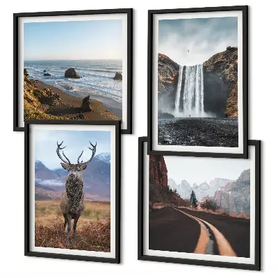 Set de cuadros modernos para salón con diseño de paisajes de montaña, cascadas, ciervos y playas