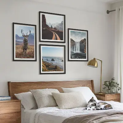 Set de cuadros modernos para salón con diseño de paisajes de montaña, cascadas, ciervos y playas