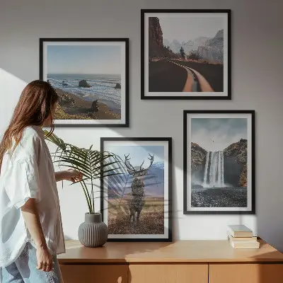 Set de cuadros modernos para salón con diseño de paisajes de montaña, cascadas, ciervos y playas