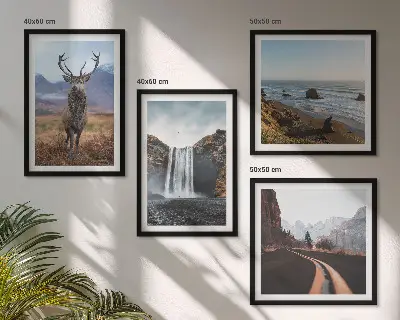 Set de cuadros modernos para salón con diseño de paisajes de montaña, cascadas, ciervos y playas