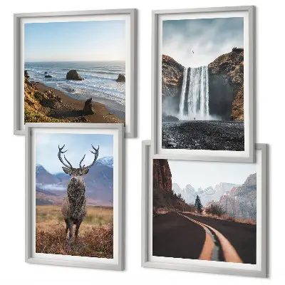 Set de cuadros modernos para salón con diseño de paisajes de montaña, cascadas, ciervos y playas