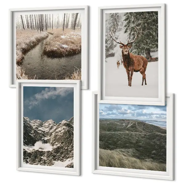 Set de 4 cuadros de paisajes de bosques y ciervos en la nieve decoración de pared para salón con montañas nevadas