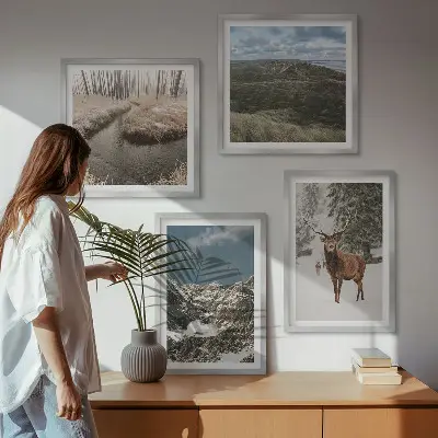 Set de 4 cuadros de paisajes de bosques y ciervos en la nieve decoración de pared para salón con montañas nevadas