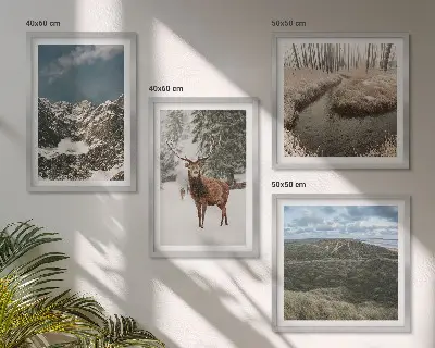 Set de 4 cuadros de paisajes de bosques y ciervos en la nieve decoración de pared para salón con montañas nevadas