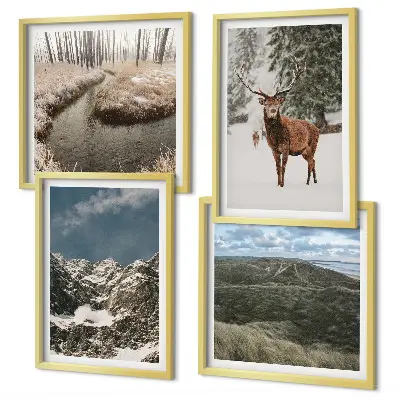 Set de 4 cuadros de paisajes de bosques y ciervos en la nieve decoración de pared para salón con montañas nevadas