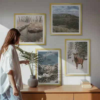Set de 4 cuadros de paisajes de bosques y ciervos en la nieve decoración de pared para salón con montañas nevadas