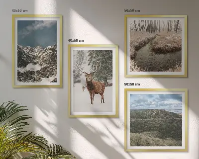Set de 4 cuadros de paisajes de bosques y ciervos en la nieve decoración de pared para salón con montañas nevadas