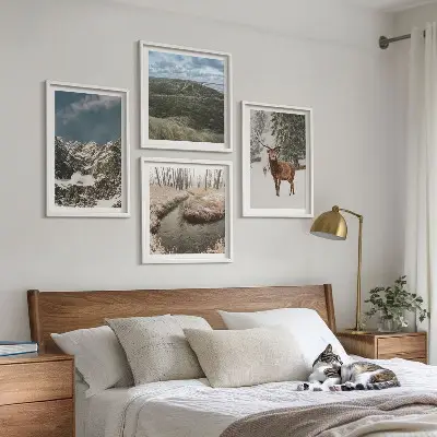 Set de 4 cuadros de paisajes de bosques y ciervos en la nieve decoración de pared para salón con montañas nevadas