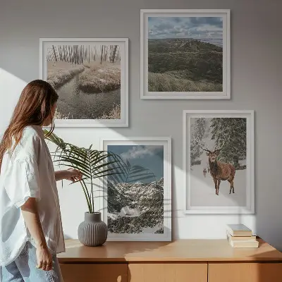Set de 4 cuadros de paisajes de bosques y ciervos en la nieve decoración de pared para salón con montañas nevadas