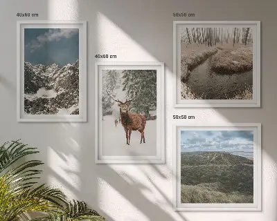 Set de 4 cuadros de paisajes de bosques y ciervos en la nieve decoración de pared para salón con montañas nevadas
