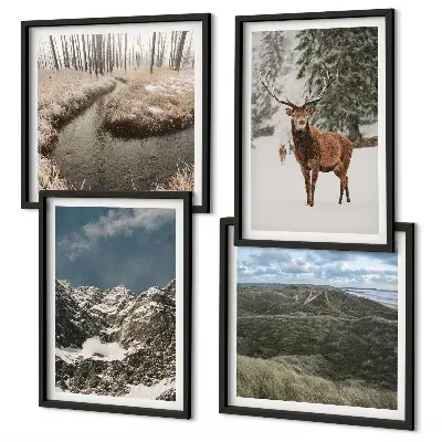 Set de 4 cuadros de paisajes de bosques y ciervos en la nieve decoración de pared para salón con montañas nevadas