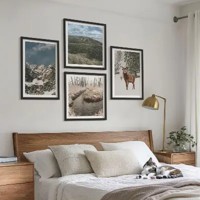 Set de 4 cuadros de paisajes de bosques y ciervos en la nieve decoración de pared para salón con montañas nevadas