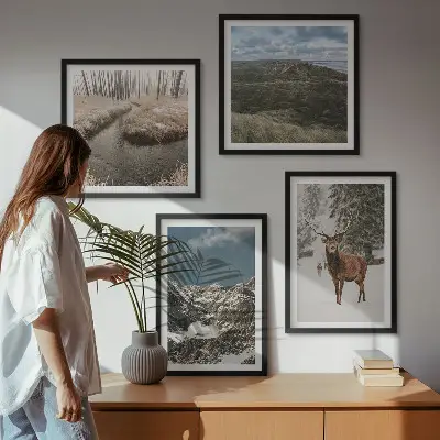 Set de 4 cuadros de paisajes de bosques y ciervos en la nieve decoración de pared para salón con montañas nevadas