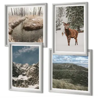 Set de 4 cuadros de paisajes de bosques y ciervos en la nieve decoración de pared para salón con montañas nevadas