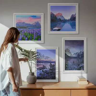Set de cuadros modernos para salón con paisajes de montaña agua y campos de flores