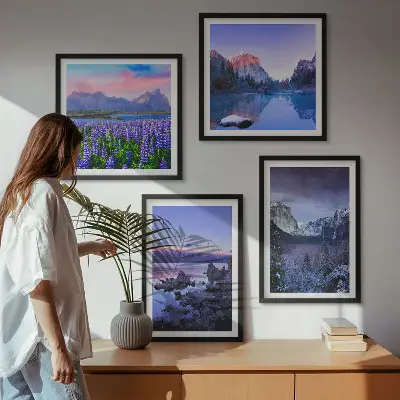 Set de cuadros modernos para salón con paisajes de montaña agua y campos de flores