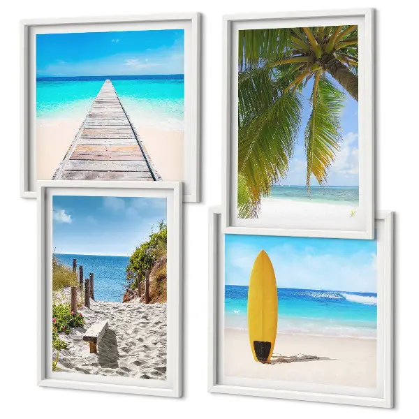 Set de 4 cuadros para salón con vistas vacacionales a la playa y palmeras