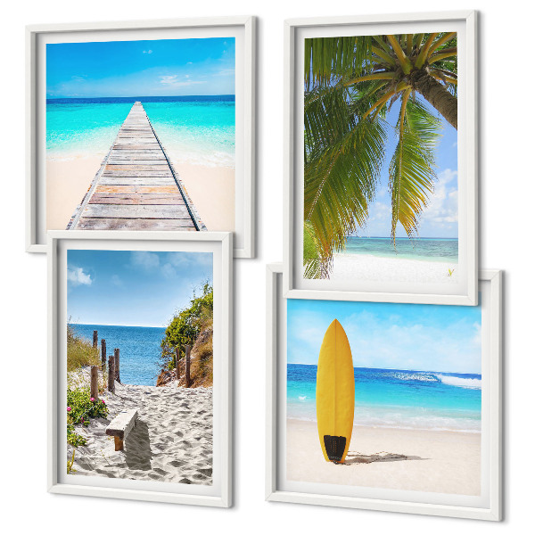 Set de 4 cuadros para salón Vistas vacacionales a la playa y palmeras