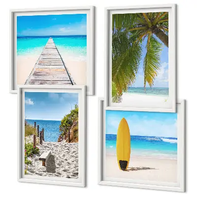 Set de 4 cuadros para salón con vistas vacacionales a la playa y palmeras