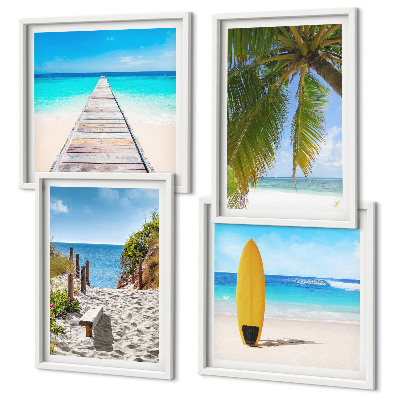 Set de 4 cuadros para salón Vistas vacacionales a la playa y palmeras
