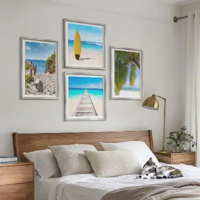 Set de 4 cuadros para salón con vistas vacacionales a la playa y palmeras