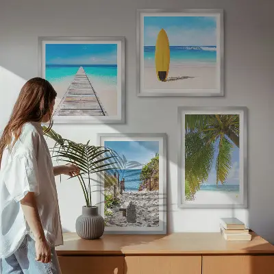 Set de 4 cuadros para salón con vistas vacacionales a la playa y palmeras