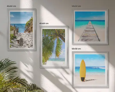 Set de 4 cuadros para salón con vistas vacacionales a la playa y palmeras