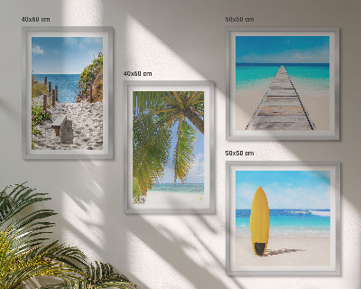 Set de 4 cuadros para salón Vistas vacacionales a la playa y palmeras