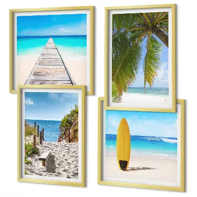 Set de 4 cuadros para salón con vistas vacacionales a la playa y palmeras