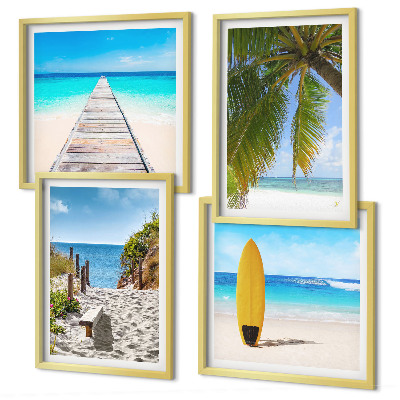 Set de 4 cuadros para salón Vistas vacacionales a la playa y palmeras