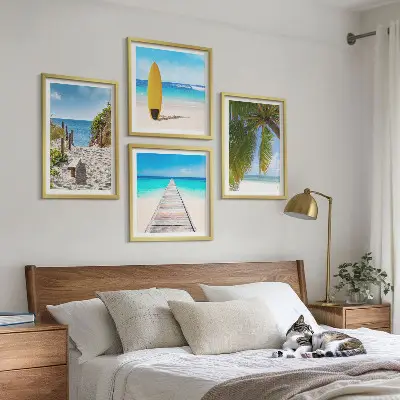 Set de 4 cuadros para salón con vistas vacacionales a la playa y palmeras