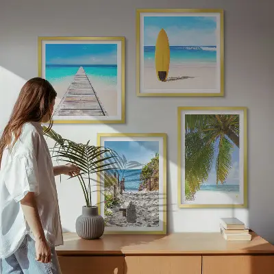 Set de 4 cuadros para salón con vistas vacacionales a la playa y palmeras