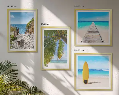Set de 4 cuadros para salón con vistas vacacionales a la playa y palmeras