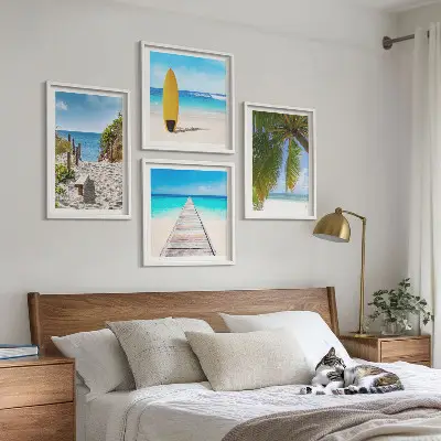 Set de 4 cuadros para salón con vistas vacacionales a la playa y palmeras