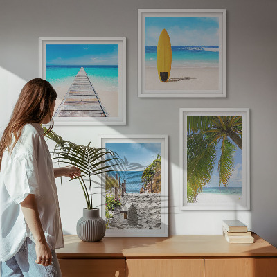 Set de 4 cuadros para salón Vistas vacacionales a la playa y palmeras