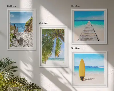 Set de 4 cuadros para salón con vistas vacacionales a la playa y palmeras