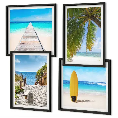 Set de 4 cuadros para salón con vistas vacacionales a la playa y palmeras
