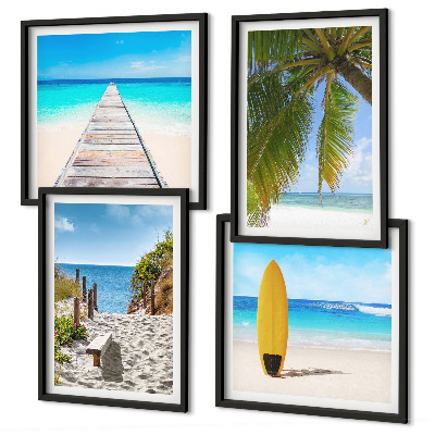 Set de 4 cuadros para salón Vistas vacacionales a la playa y palmeras
