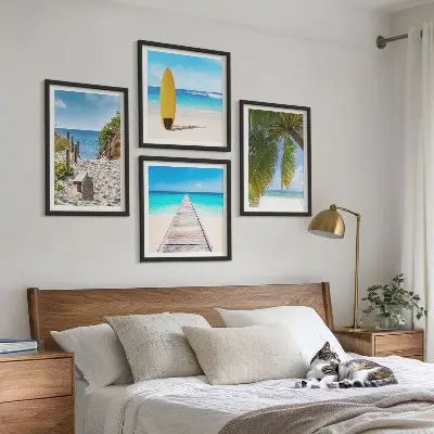 Set de 4 cuadros para salón con vistas vacacionales a la playa y palmeras