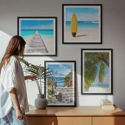 Set de 4 cuadros para salón con vistas vacacionales a la playa y palmeras