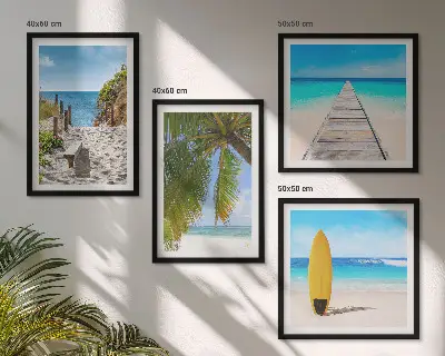Set de 4 cuadros para salón con vistas vacacionales a la playa y palmeras